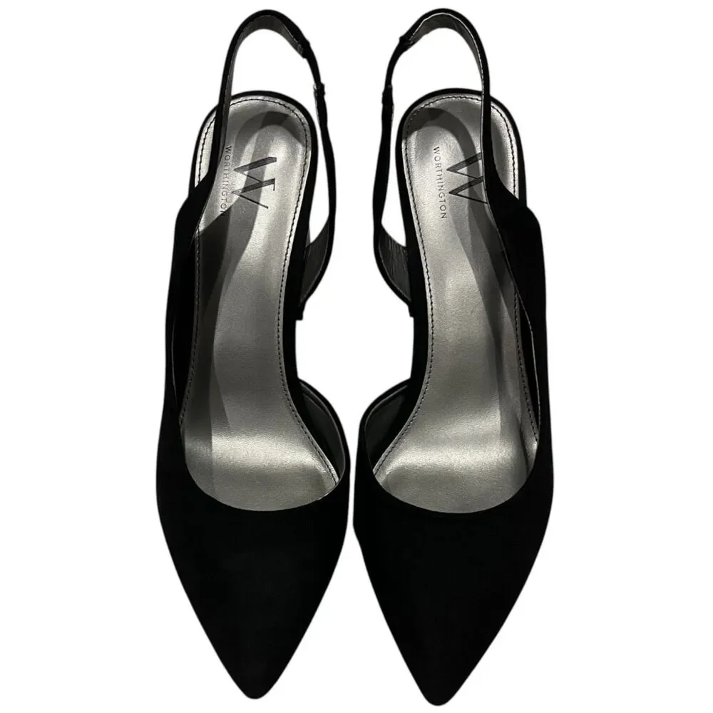 WORTHINGTON Black Suede Slingback Block Heels Sz 9.5 NWOT